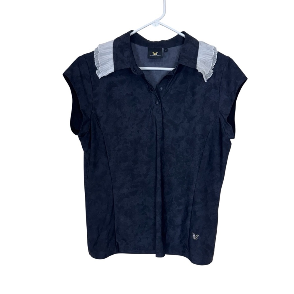 Nevermindall Women’s Luxury Golf Shirt Polo Contrast Ruffle Collar Size Large